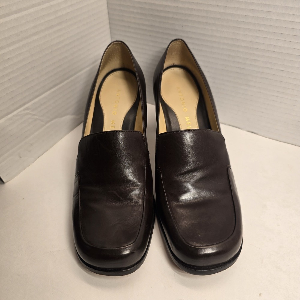 Antonio Melani Shoes Sz 8 Pumps Chunk‎ Heel Brown Leather Leather Slip Ons